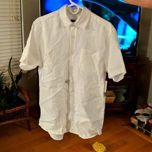 NWT Saks off Fifth Avenue White 100% linen Medium size men's collared shirt